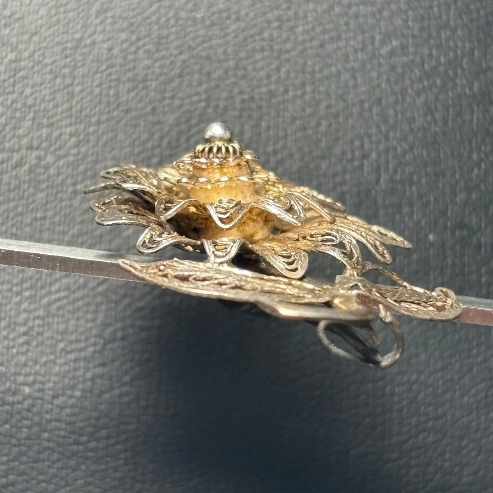 Brooch Silver Vintage Italy Filigree Flower Floral Leaf Pin 1.5 Inch